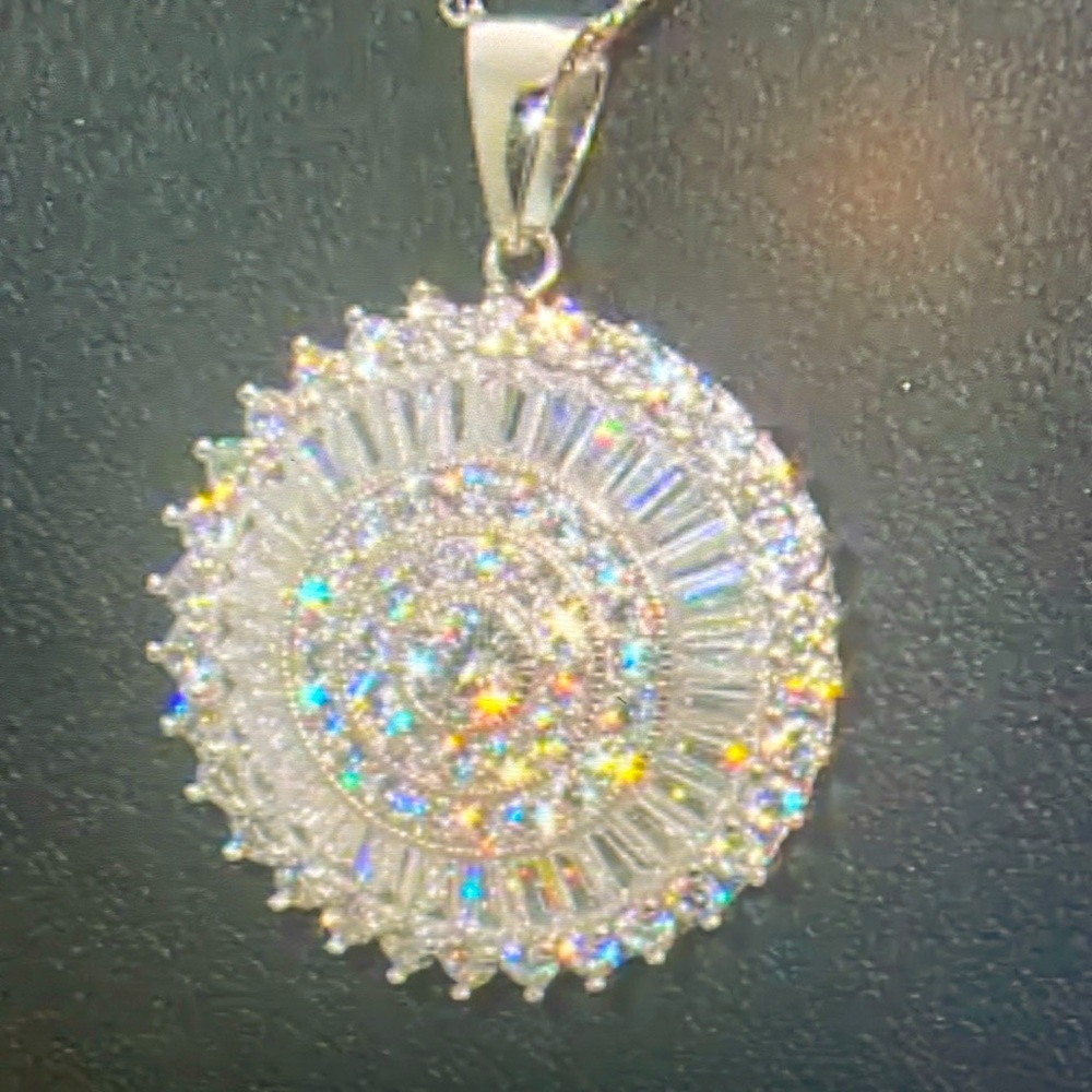 Pendant white diamond simulant rhodium over silver with chain total ctw 6.02